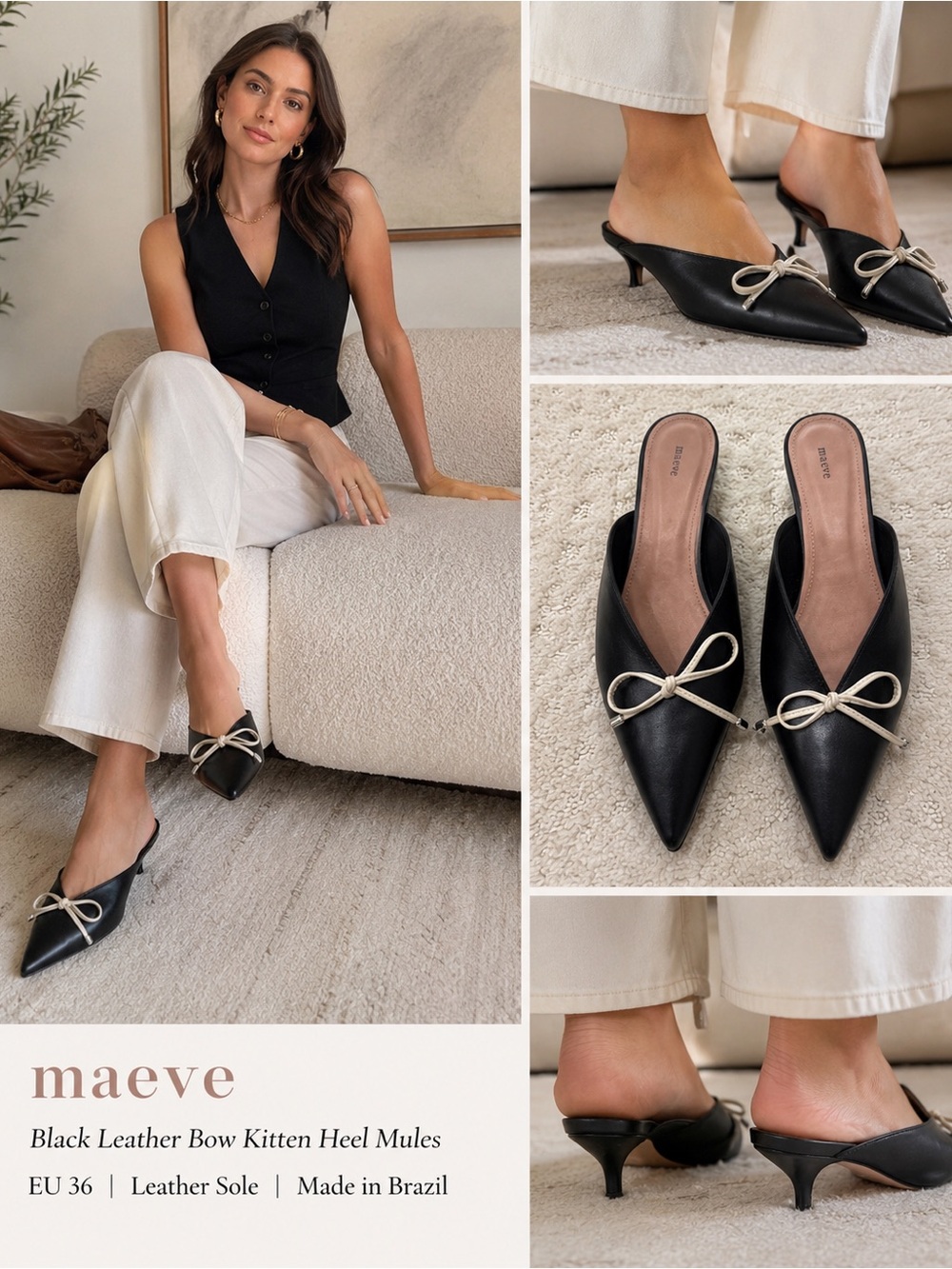 Maeve Black Leather Bow Kitten Heel Mule Pumps Pointed Toe EU 36